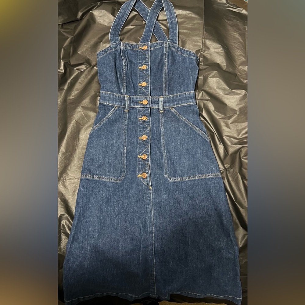 J.Crew Denim Apron Dress in Washed Indigo Button Down Stretch Jean - Picture 8 of 9